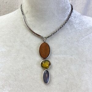 Xiomara Castro XC wood, faux abalone and stone cabochon necklace
